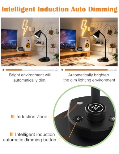 BOHON LED Desk Lamp with USB Charging Port 3 Color Modes Dimmable, Black | Reading Light Intelligent Induction Auto Dimming Task Lamp Neck Flexible Table Lamp for Bedside Office, AC Adapter Include