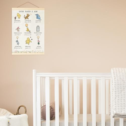Winnie Biblical Affirmations Wall Art, The Pooh Canvas Wall Art Painting for Room, Wooden Hanging Rod Religious Gifts, Nursery Decoration For Boy or Girl