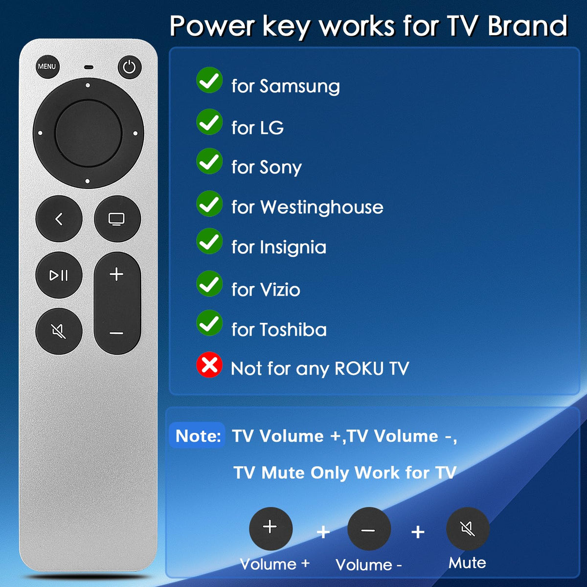 Replacement for Apple TV Remote,for Apple TV HD/4K(1-3Gen),Apple TV Gen 1-3 | Compatible with Apple TV/Apple TV HD/4K A1218 A1378 A1427 A1469 A1625 A1842 A2169 A2737 A2843 with TV Control Function