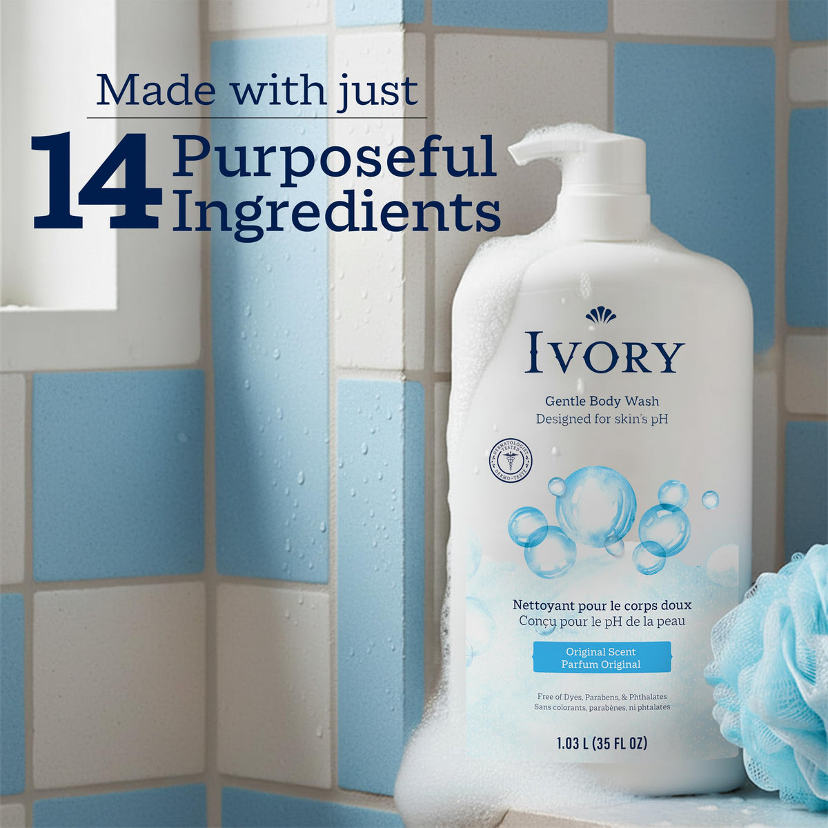Ivory Body Wash Designed for the Whole Family, Original Scent, 35 fl oz | Gentle Formula for Sensitive Skin | Free of Dyes, Parabens, & Phthalates | Plant-Based Cleaning Power Designed for Skin's pH