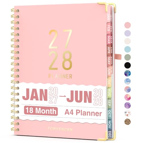Forvencer Planner 2027-2028, 18 Month Calendar Planner, Jan 2027-June 2028 | 8.5"x11", Weekly and Monthly, Daily Agenda Book with Tab, Spiral Journal Organizer for Office Home Teacher School, A4, Pink