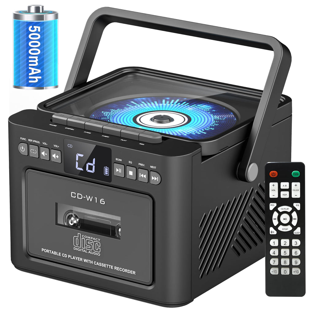 Sunoony Boombox Cassette CD Player Combo with Bluetooth, 5000mAh Battery | Rechargeable Cd and Cassette Player for Home,FM Radio/Remote Control/Tape Recording/AUX/TF/USB/Earphone Jack for Kids, Gift