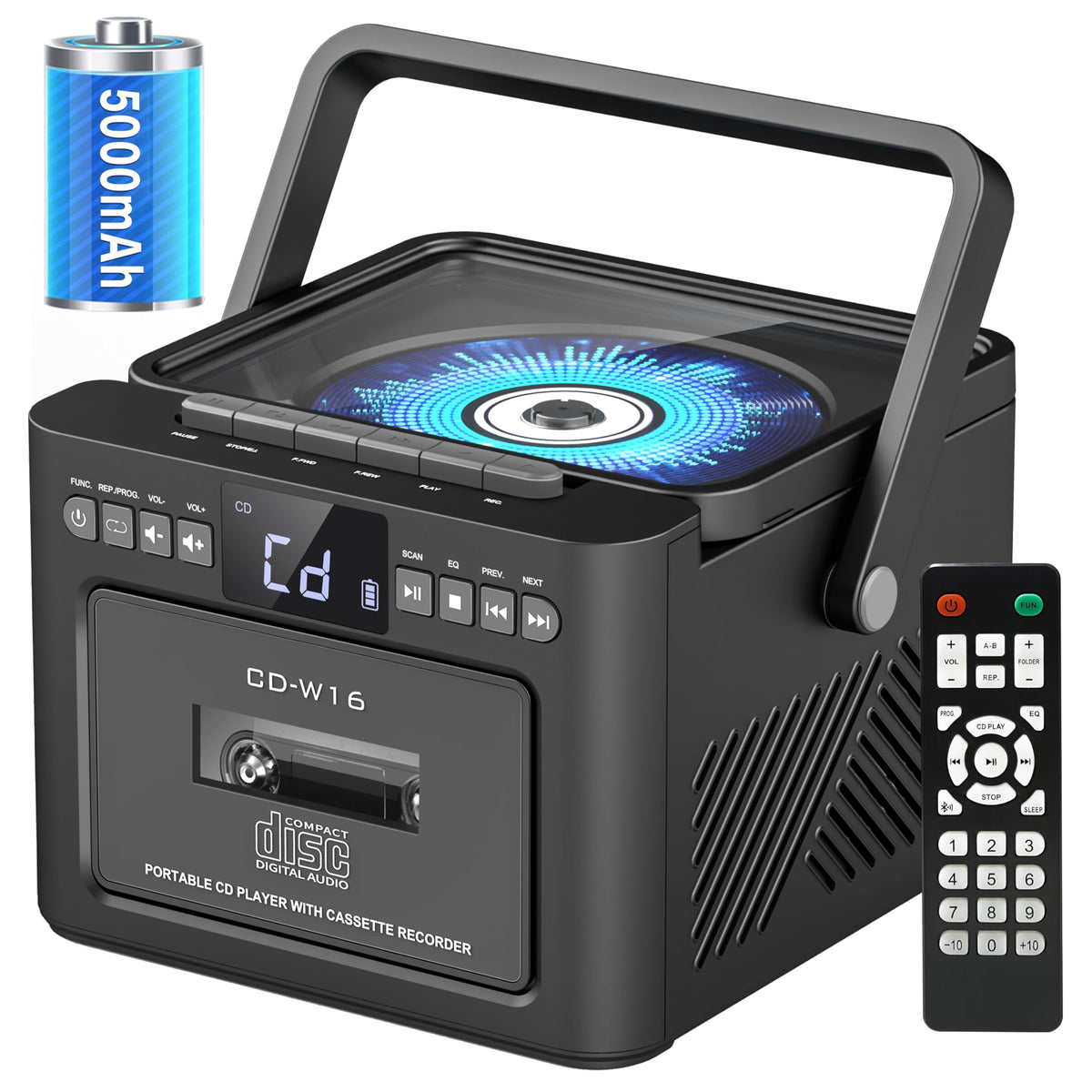 Sunoony Boombox Cassette CD Player Combo with Bluetooth, 5000mAh Battery | Rechargeable Cd and Cassette Player for Home,FM Radio/Remote Control/Tape Recording/AUX/TF/USB/Earphone Jack for Kids, Gift