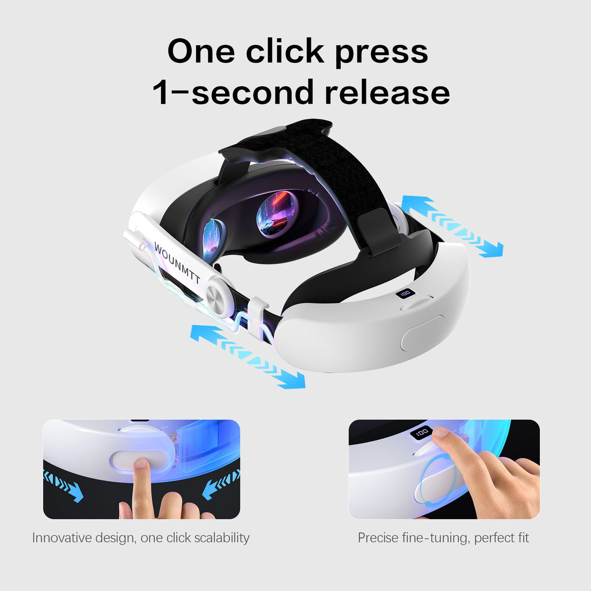 WOUNMTT Head Strap for Meta Quest 3/3S with Battery, Adjustable | Patented one-click fit with 3-level rear support. Built-in battery adds 2-4H playtime. Fast charge. Reduces facial pressure