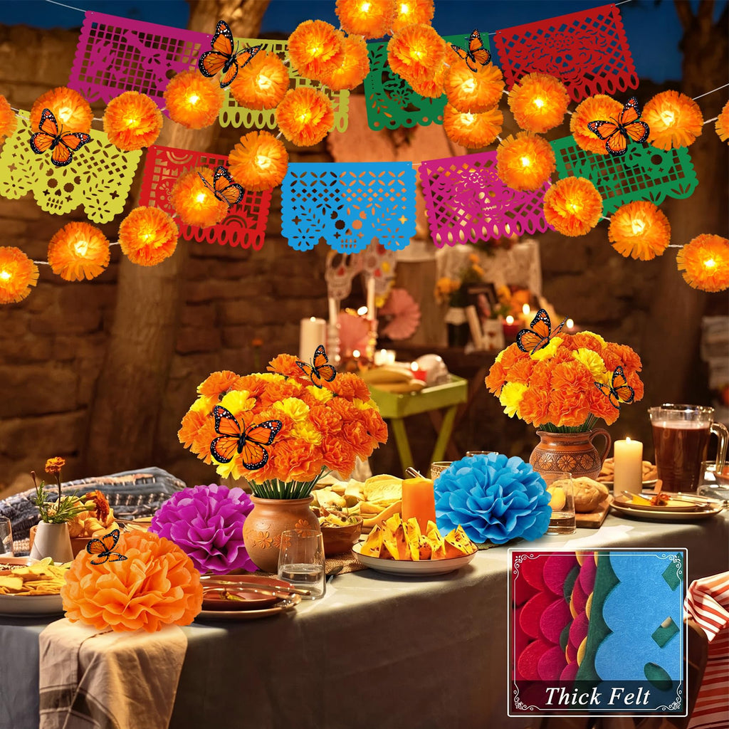 132Pcs Day of The Dead Decor Kit Dia De Los Muertos Decorations Altar Decor | Marigold Garland Light 9 Papel Picado Banners 7 Paper Flowers 50 Marigold Flowers with 50 Stems 15 Butterflies for Diwali