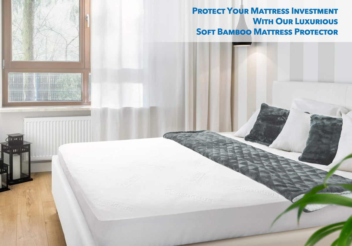 PlushDeluxe Bamboo Waterproof Mattress Protector, King Size, Ultra Soft | Breathable, Noiseless, Hypoallergenic, Washable, 76x80" Up to 18" Deep, Viscose Derived from Bamboo Mattress Cover, White