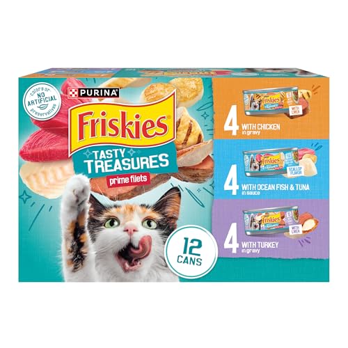 Friskies Purina Tasty Treasures Cat Food, Prime Filets Variety, (12) 5.5 oz | Chicken and tuna, chicken, ocean fish and turkey wet cat food in gravy or sauce, 100% complete & balanced for adult cats