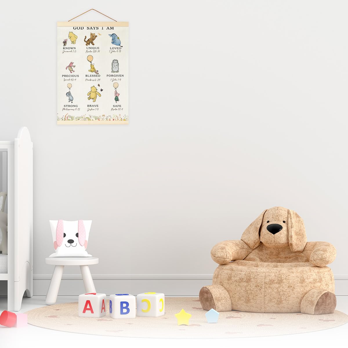 Winnie Biblical Affirmations Wall Art, The Pooh Canvas Wall Art Painting for Room, Wooden Hanging Rod Religious Gifts, Nursery Decoration For Boy or Girl