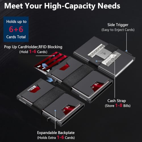 SEMORID RFID Blocking Slim Card Holder Wallet for Men Wallet Minimalist | Durable Expandable Backplate, Metal Aluminum Pop Up Wallet, Holds 12+ Cards Plus Cash, Birthday Gifts for Men