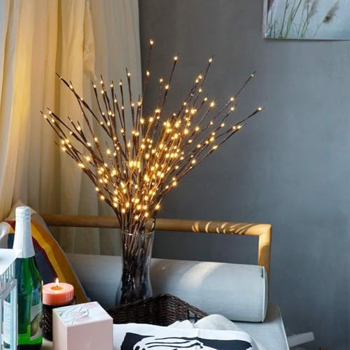 DK177 2 Pack Led Branch Light Battery Operated Lighted Branch Vase Filler Willow Tree Artificial Little Twig Power Brown 30 Inch 20 LED for Home Romantic Decoration, Warm White