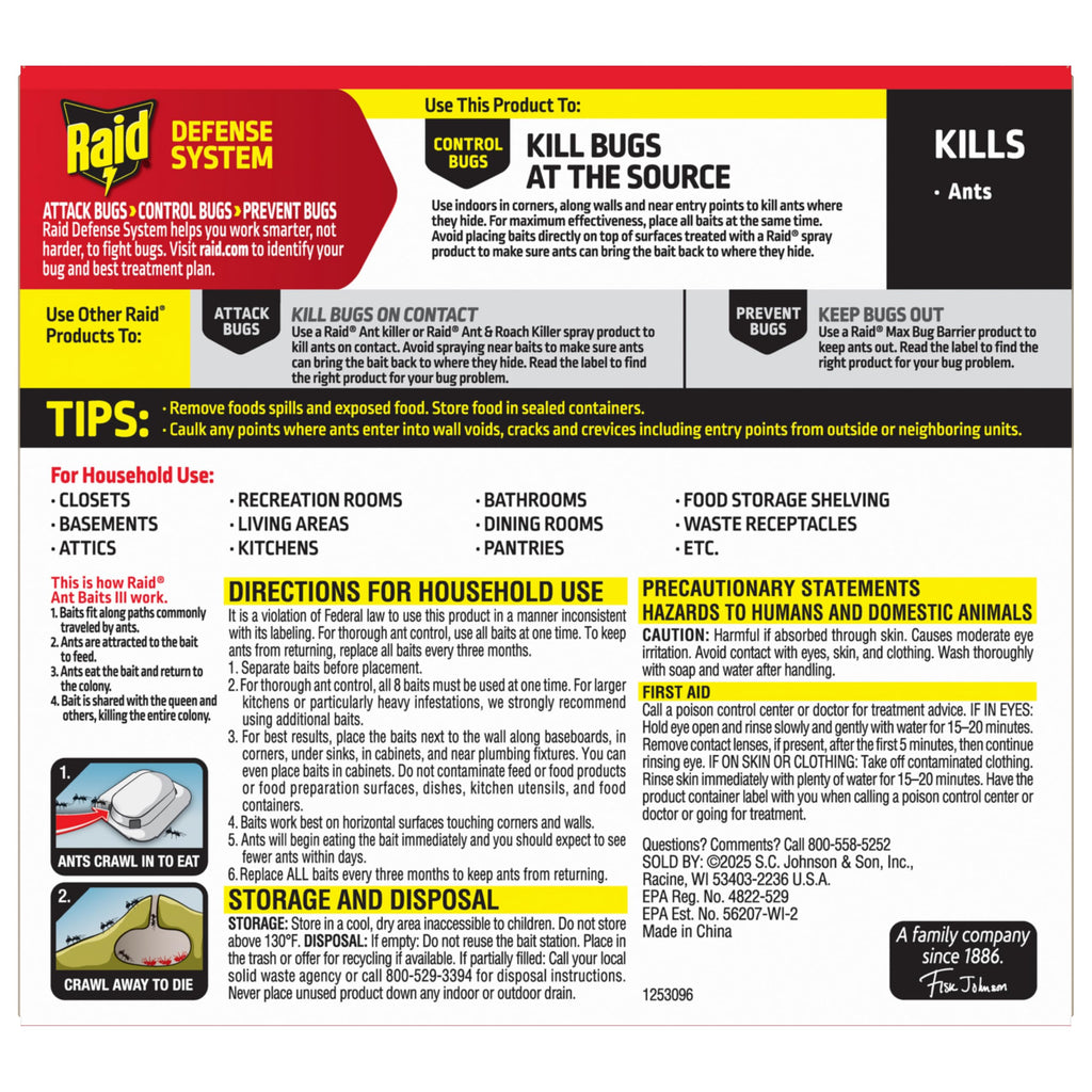 Raid Ant Killer Baits, For Household Use, Child Resistant, 8 Count | Kills the Colony, Keeps Killing Ants for Up to 3 Months, For Indoor Home Use