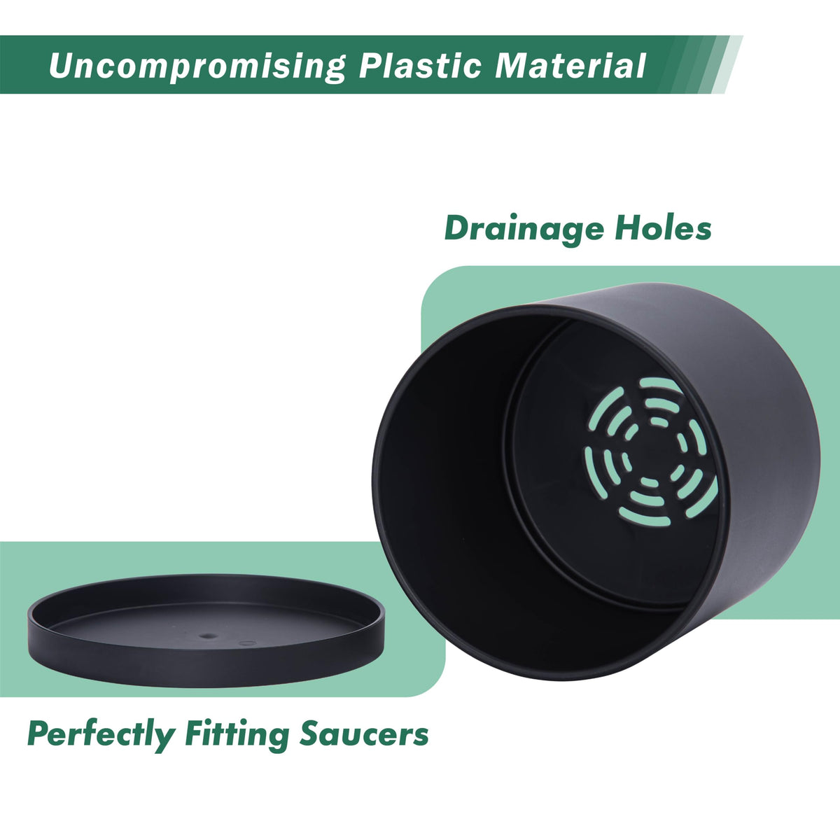 D'vine Dev Plastic Planter Pot with Saucer, 8 in, Black, 74-X-B-1 | Lightweight Matte Finish, Cylinder Shape, Drainage Holes, Sleek Minimalist Design, Detachable Saucer, Easy Maintenance