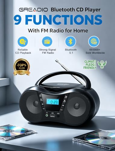 Greadio Portable Boombox CD Players for Home with Bluetooth, Stereo Sound | FM Radio CD Player, Simple Controls, CD/CD-R/RW, Compact, AC/Battery Power, USB & AUX Input Playback, Sleep Timer (Black