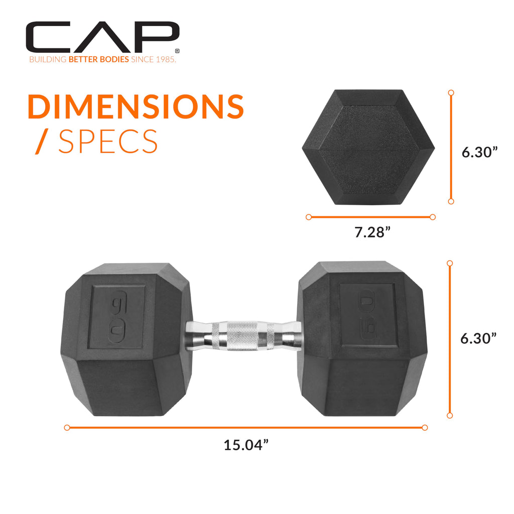 CAP Rubber Coated Dumbbell Weights, Free Weights for Home Gym Strength Training, Anti-Roll Hex Dumbbells with Black, Chrome & Comfort Grip Handles, Singles