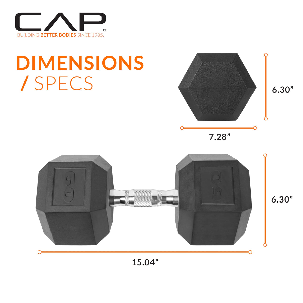 CAP Rubber Coated Dumbbell Weights, Free Weights for Home Gym Strength Training, Anti-Roll Hex Dumbbells with Black, Chrome & Comfort Grip Handles, Singles