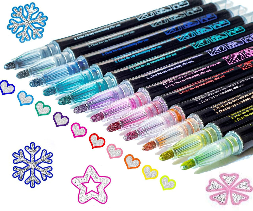 Muchcute Outline Markers Glitter Pens,12 Shimmer Toy Tween Teen Girl Gifts | Trendy Stuff Art Supplies Kids 6-8 9-12 10-12, Arts Crafts Kids Ages 8-12 Year Old Birthday Gifts, Cute Fun Crafts Girls 8-12