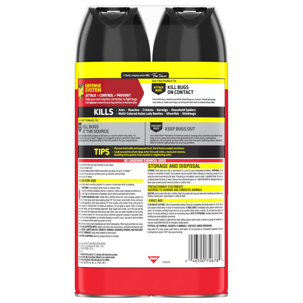 Raid Ant & Roach Killer Bug Spray, Fragrance Free, 17.5 oz, 2 Count | Kills Ants & Roaches on Contact, Keeps Killing For Up to 13 Weeks, For Home Use, No Lingering Chemical Odor