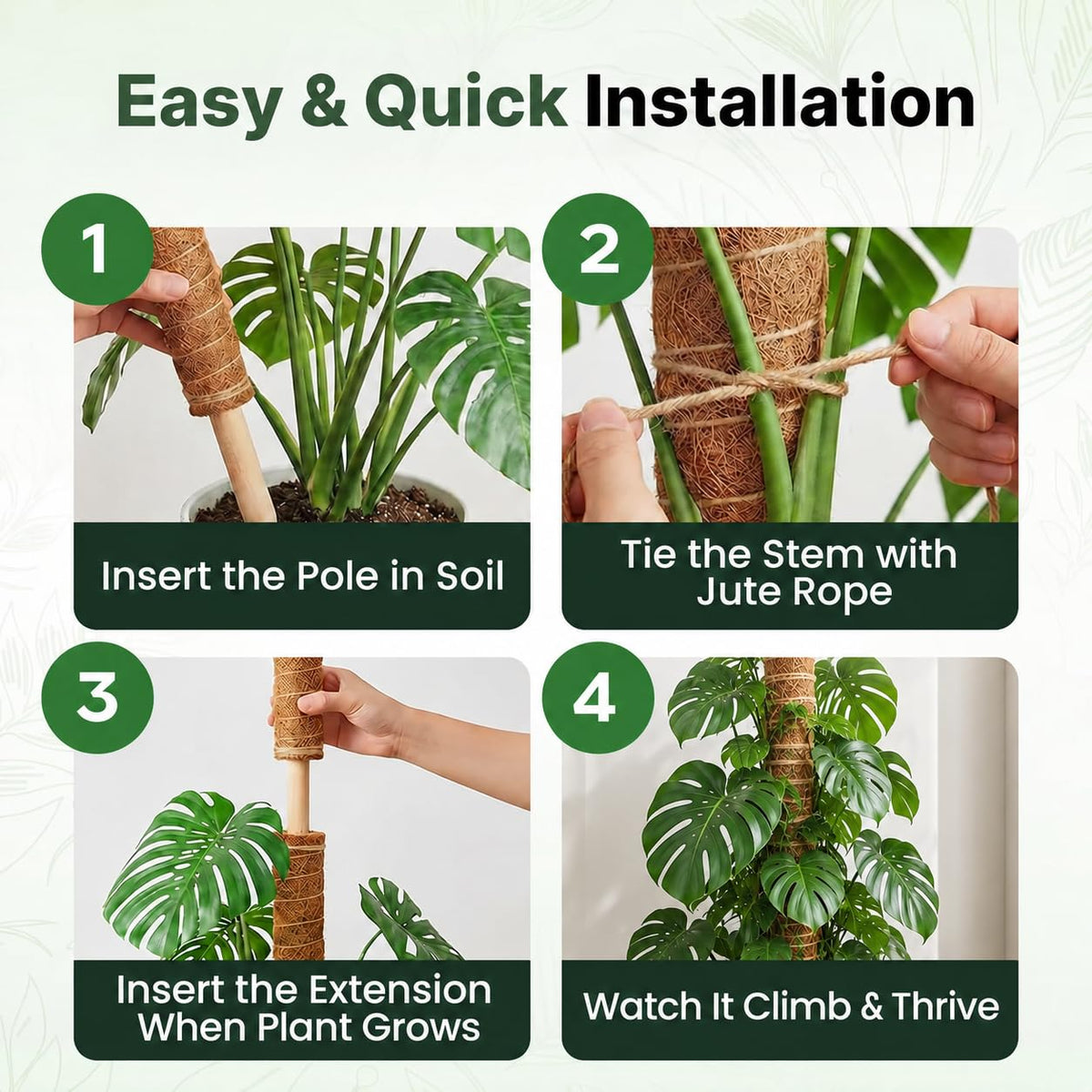 4 Pack 16" Moss Pole Monstera Plant Support - Stackable up to 48" | Plant Stakes for Indoor Climbing Plants Potted - Tall Coco Coir Pole Sticks & Accessories for Monstera, Pothos & Philodendron