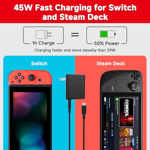 Charger for Nintendo Switch, 45W AC Adapter Fast Charging with 5ft Detachable USB C Cable, Compatible with Switch/OLED/Lite, Steam Deck, Support TV Mode, Original Quality