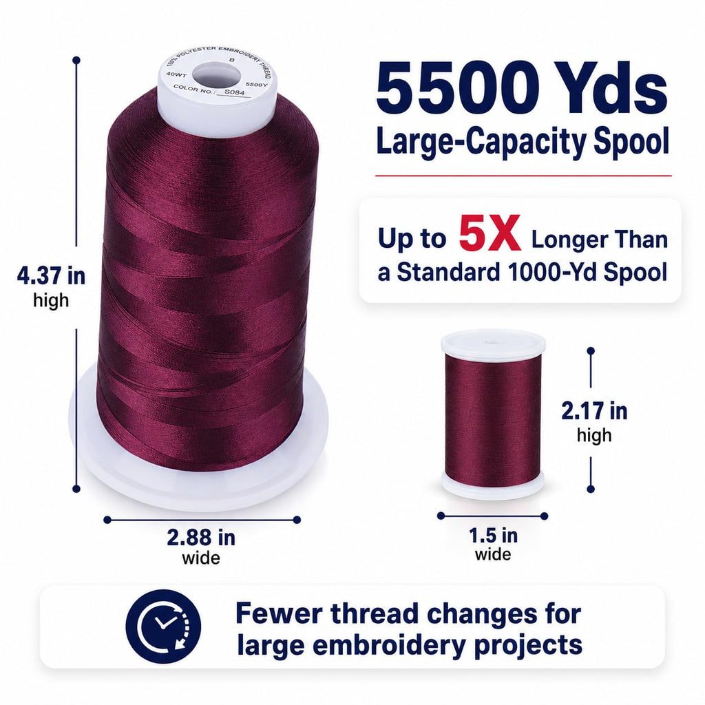 Simthread 5500Yds 40WT Polyester Embroidery Thread Burgundy Cherry S084 | High-yardage 5000M spool offers smooth feeding and stable 40WT polyester thread for home and commercial embroidery machines.