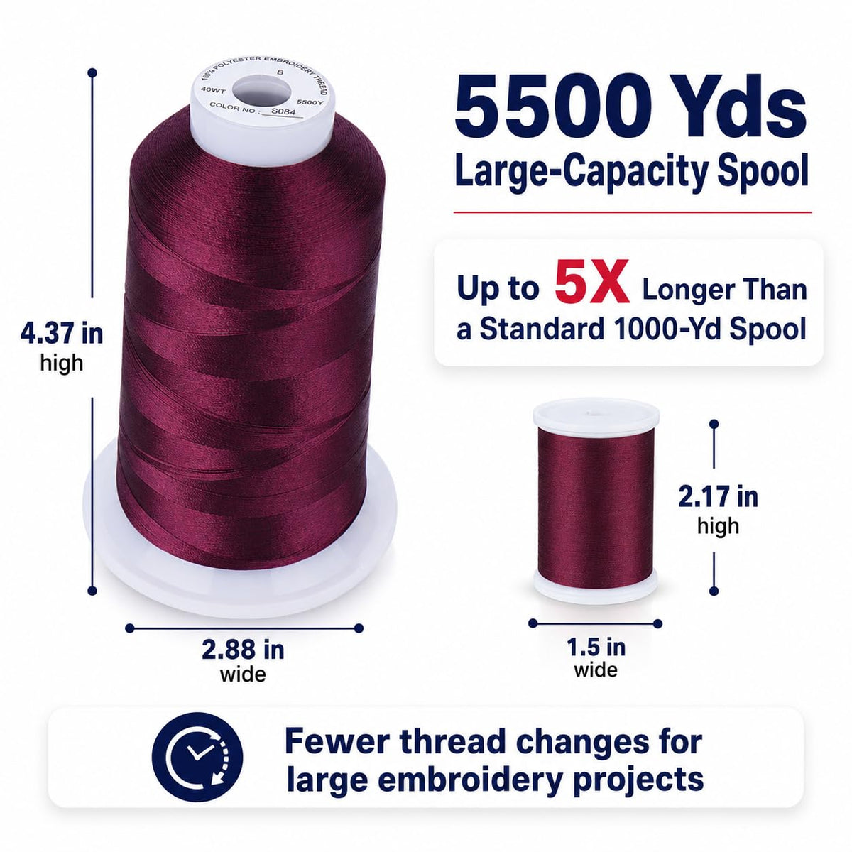 Simthread 5500Yds 40WT Polyester Embroidery Thread Burgundy Cherry S084 | High-yardage 5000M spool offers smooth feeding and stable 40WT polyester thread for home and commercial embroidery machines.