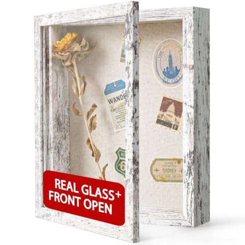 Califortree 8x10 Shadow Box Frame with Linen Back - Real Glass, Push Pins Included, Sturdy Rustic Memory Display Case, Fits 6.8x8.8 Inserts, Distressed White