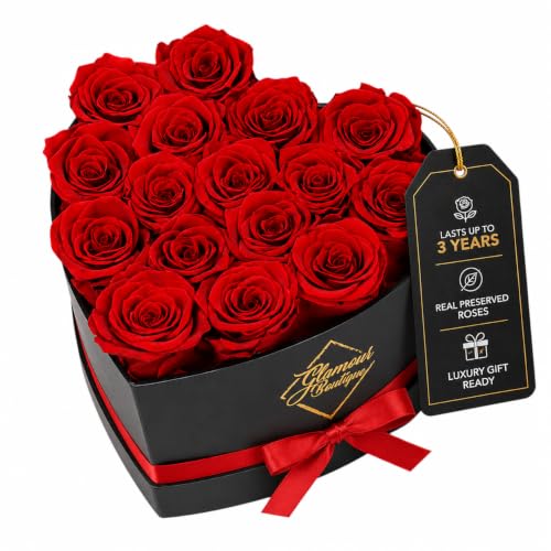 GLAMOUR BOUTIQUE Preserved Flowers, 16 Forever Red Roses in Heart Gift Box | Unique floral present for women, anniversary gifts for her, mom or wife, cute birthday idea, will you be my girlfriend box