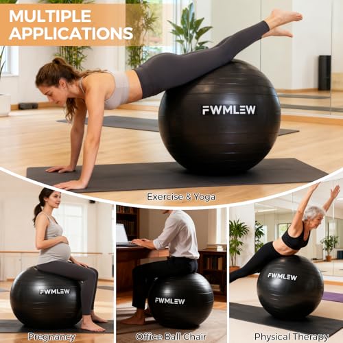 FWMLEW Extra Thick Exercise Yoga Ball, 5-Size Anti-Burst Heavy Duty Stability Gym Ball for Fitness, Core Workout, Pregnancy & Office Chair, Includes Quick Pump