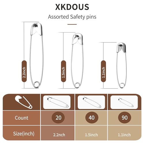 XKDOUS 150 Pack Safety Pins for Clothes 3 Universal Assorted Sizes, Silver | Small & Large Safety Pin, Strong Heavy Duty Sharp Edge Pins Bulk, Fasteners for Clothing, Sewing, Crafting