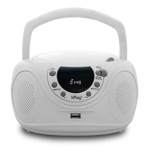 hPlay P16 Portable CD Player Boombox with Bluetooth, White | CD/CD-R/MP3-CD, FM Digital Radio, USB/MP3 Playback, Aux-In & Headphone Jack, AC/Battery Powered
