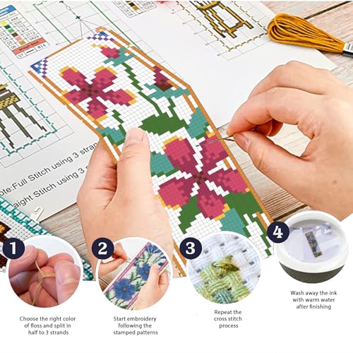 ORIGACH 6 Set Wildflower Floral Cross Stitch Bookmark Kit for Beginner | 11CT Stamped Cross Stitch Kit DIY Embroidery Bookmark Set with Backing Felt Floss Instructions for Adults, Book Lovers
