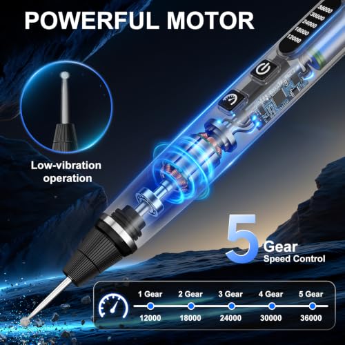 STREBITO Engraving Pen for Metal Wood Glass Plastic, 47 in 1 Engraving Kit | 5 Speeds Up to 36000 RPM, USB-C Rechargeable, Diamond Bit, Beginner Friendly, Portable Engraving Pen Kit for Artists & DIYers