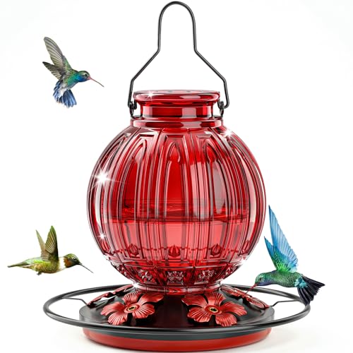 Glass Hummingbird Feeder for Outdoors Hanging, 26 fl oz Bird Nectar Feeder | 5 Metal Flower Feeding Ports, 360° Perch Ring, Easy Refill & Clean, Leakproof, Ideal for Backyard, Garden Outdoor Decor, Red