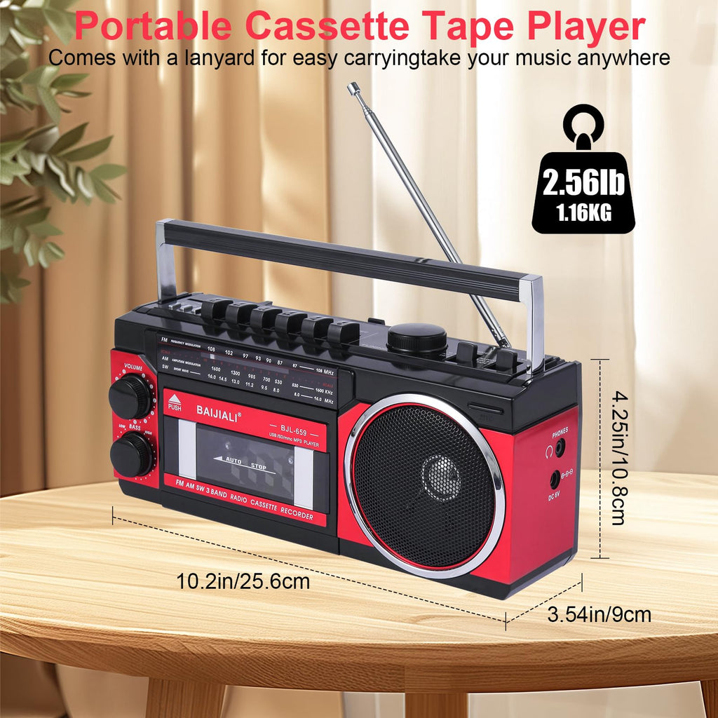 BAIJIALI Portable Cassette Player with AM/FM/SW Radio & BT | Boombox for Home and Travel, Record from Radio, Play via SD/USB, Headphone Jack, AC/Battery Power