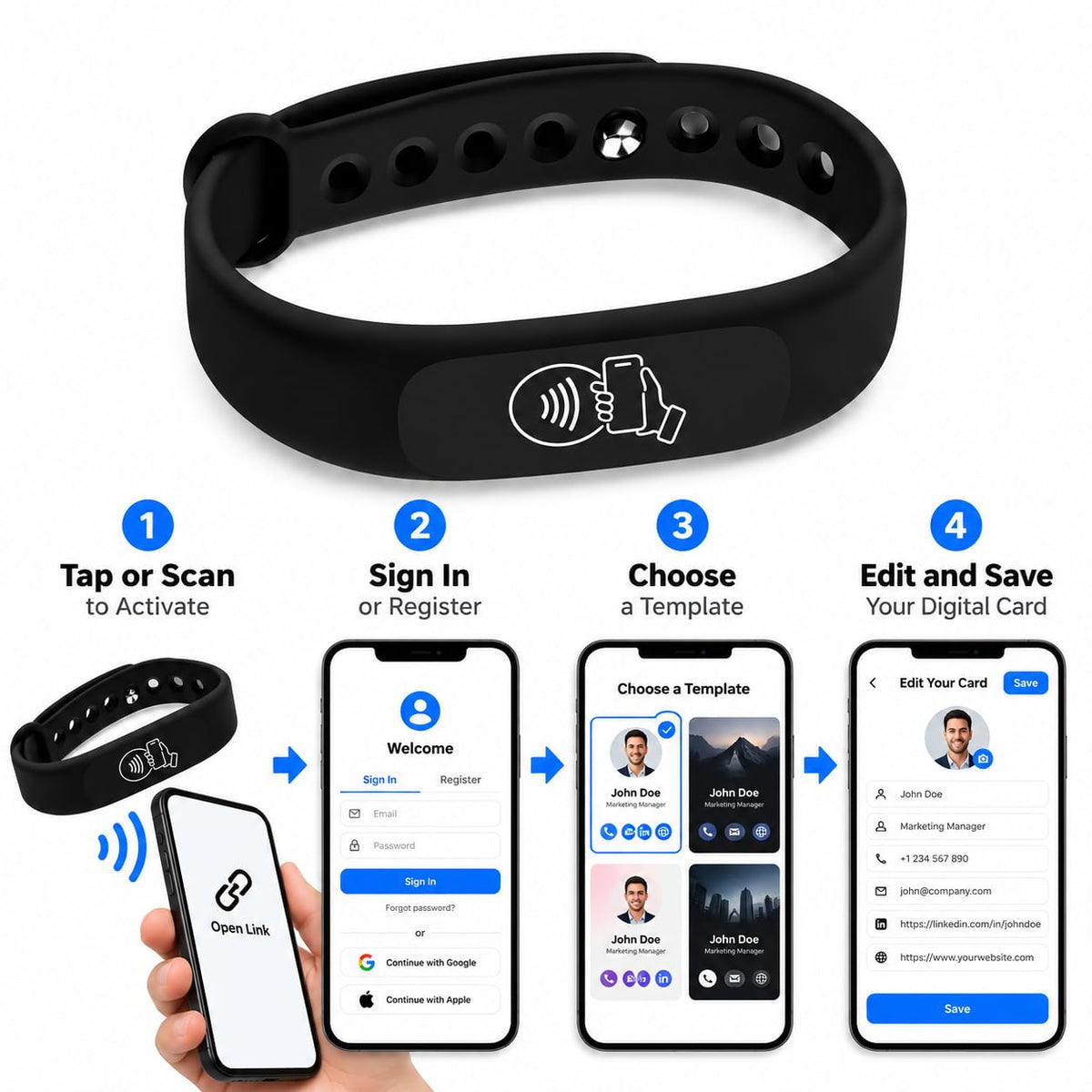 NFC Smart Business Card Wristband, Adjustable (Black) | QR Code, Waterproof Silicone, Tap to Share Contact Info, Works with iPhone and Android