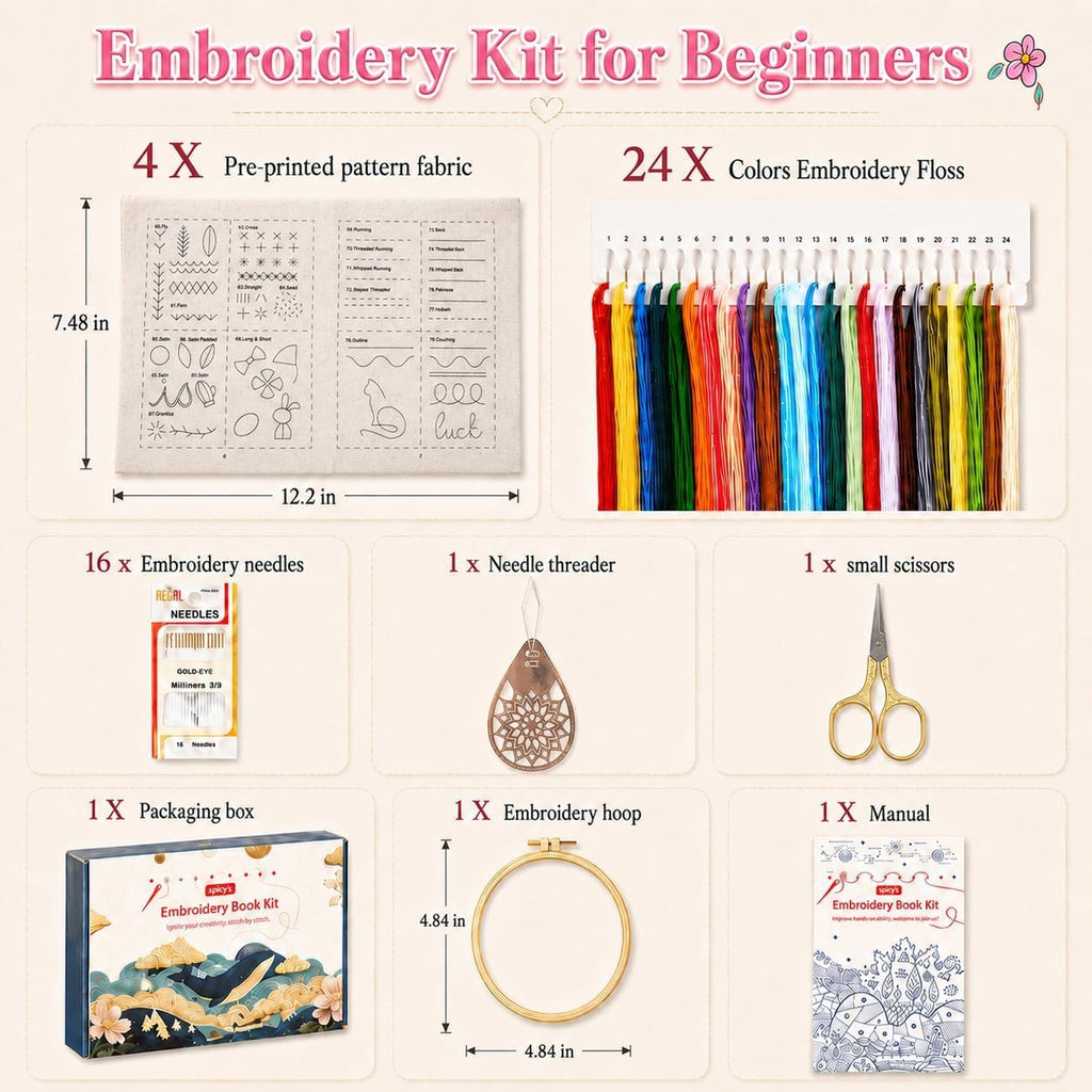 spicssa Beginner Embroidery Stitch Book Kit, 79 Stitches, Video Tutorials