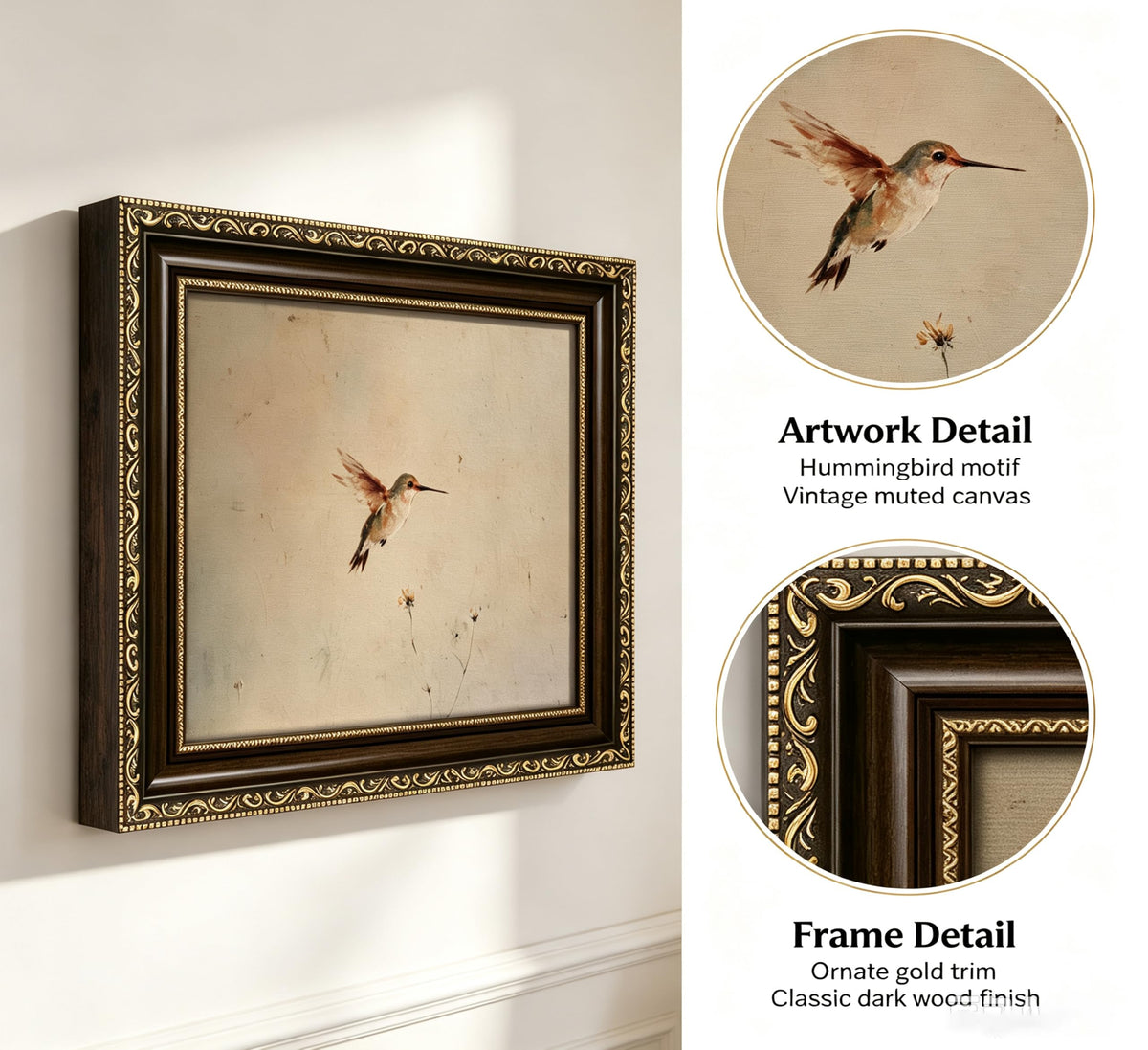 Vintage Gold Framed Hummingbird Minimalist Neutral Oil Painting Wall Art | Soft vintage oil painting of hovering hummingbird, neutral tone elegant wall decor for bedroom