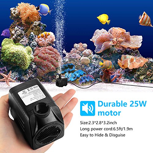 CWKJ 400GPH Submersible Fountain Water Pump with 6.5ft Tubing | 25W,1500L/H Ultra Quiet Outdoor Fountain Pump with 6.56ft High Lift, 6.5ft Power Cord, 3 Nozzles for Aquarium, Pond, Pool