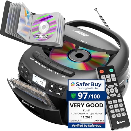 CD Cassette Player with Case, Bluetooth Boombox, AM FM Radio, USB Drive | 3W Stereo Speakers, Song Programming Included, Remote Operates Up to 6 Metres Away - Black