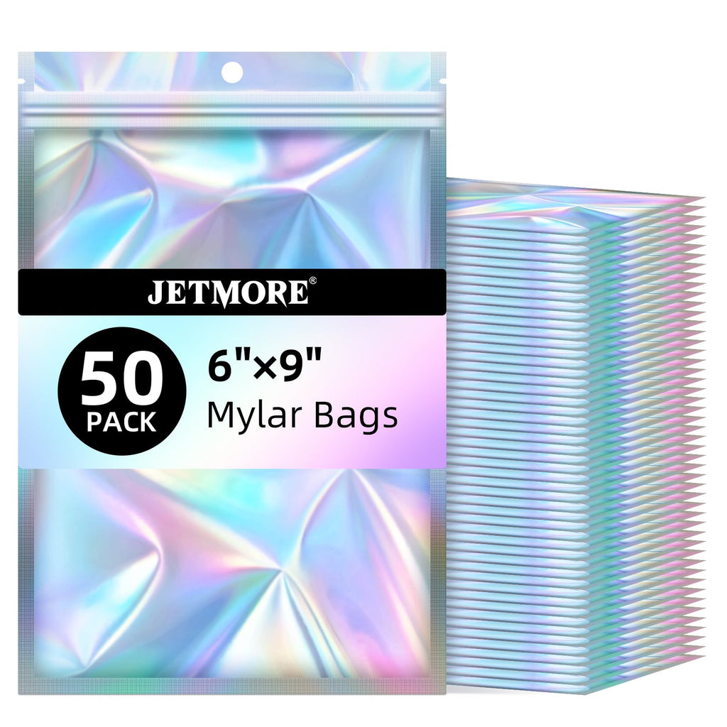 JETMORE Holographic Bags 50 PCS Mylar Bags 6x9" Resealable Embroidery Bags | Smell proof bag for goodie party favor jewelry freshie supplies candy cross stitch floss beads packaging sealable bags