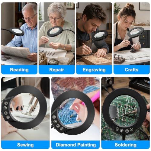 LED Desk Magnifying Lamp with Clamp,10X Magnifying Glass with Light | 5 Color Modes Stepless Dimmable Magnifier Light 3000K-6500K, 5V/2A USB Powered Hands Free Flexible Goose-Neck