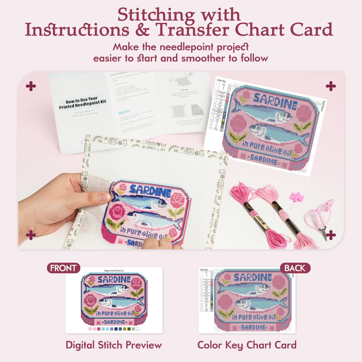 Kaitiaki 18 mesh Needlepoint Canvas Kit, 8 in Painted Canvas Set with Embroidery Floss, Needles, Guide Card, Instruction, Threader, Scissors & Project Bag for Crafter Gift(Sardine)