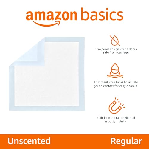 Amazon Basics Leak-Proof Dog and Puppy Potty Training Pee Pads with Quick-Dry 5-Layer Super Absorbent Design, Regular Size 22 x 22 inch, Blue & White, 100 Count