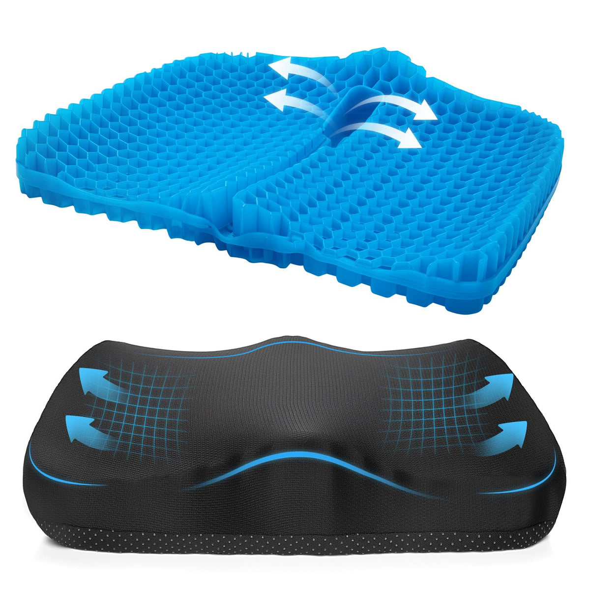 Zacro 3.5in Thick Gel Seat Cushion, Honeycomb Pad for Office Chair, Car | Cooling Gel Seat Cushion for Long Sitting, Ergonomic Hollow Center, Machine-Washable Cover, 16.5x14.6in