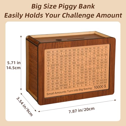 10000 Kakeibo Wooden Money Saving Challenge Box Cash Vault Piggy Bank for Adults Kids Savings Goals Smash Box Saver (10 Amounts)