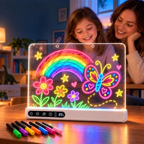 Cordless 16" LED Drawing Board for Kids | Wall Mountable Tabletop, Rechargeable Glow Doodle Note Board, 14 Light Effects, 7 Markers