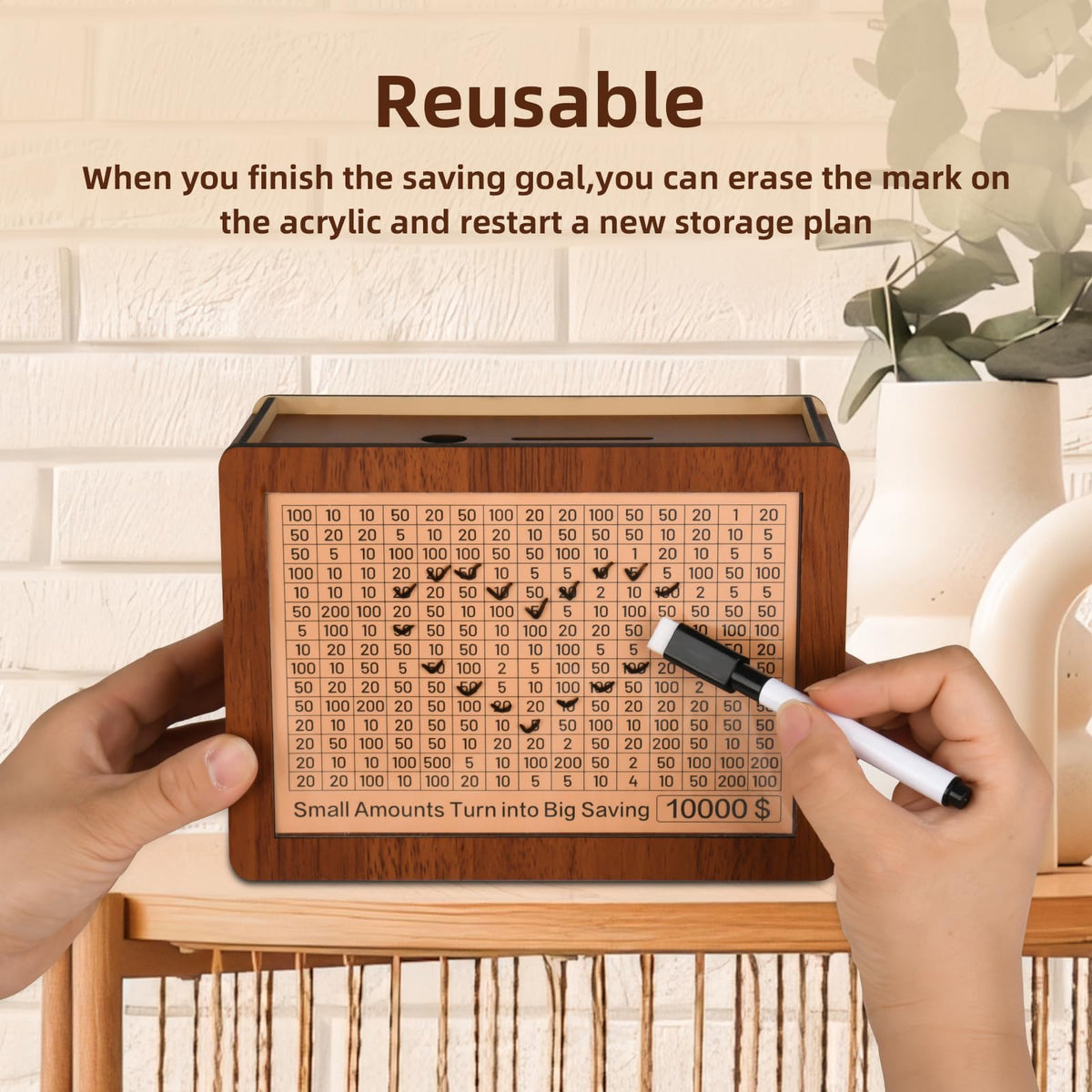 10000 Kakeibo Wooden Money Saving Challenge Box Cash Vault Piggy Bank for Adults Kids Savings Goals Smash Box Saver (10 Amounts)