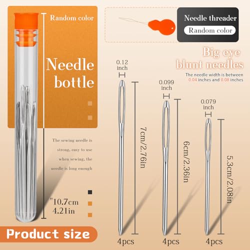 TLKKUE 12 Pcs/3 Sizes Large-Eye Blunt Needles, Steel Yarn Needle Silver | Tapestry Needle with Needle Threader for Sewing Crochet Knitting Embroidery (Silver 2.08in/2.36in/2.76in)