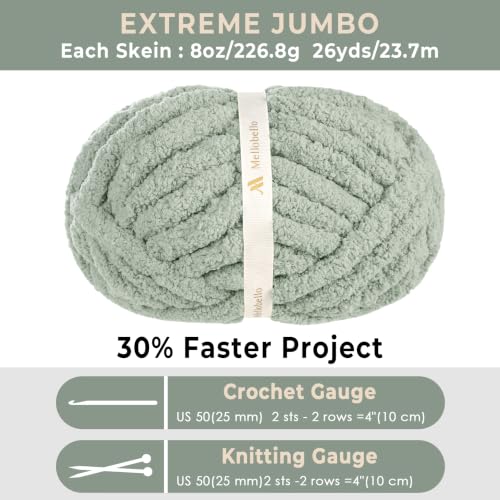 Mellobello Jumbo Chunky Yarn for Hand Knitting - Super Thick Chenille Chunky Yarn for Crocheting - Extra Soft Bulky Fluffy Blanket Big Yarn 8 Jumbo Pack (26yds,8 oz Each Skein) Sage Green
