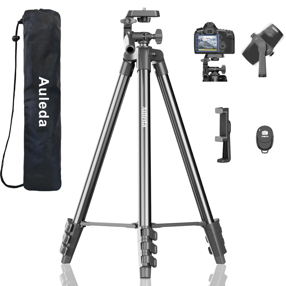 Auleda 60″ Camera Tripod Lightweight Travel Stand for Canon Nikon Phone | with Wireless Remote Phone Holder and Bag Max Load 6.6 LB Black